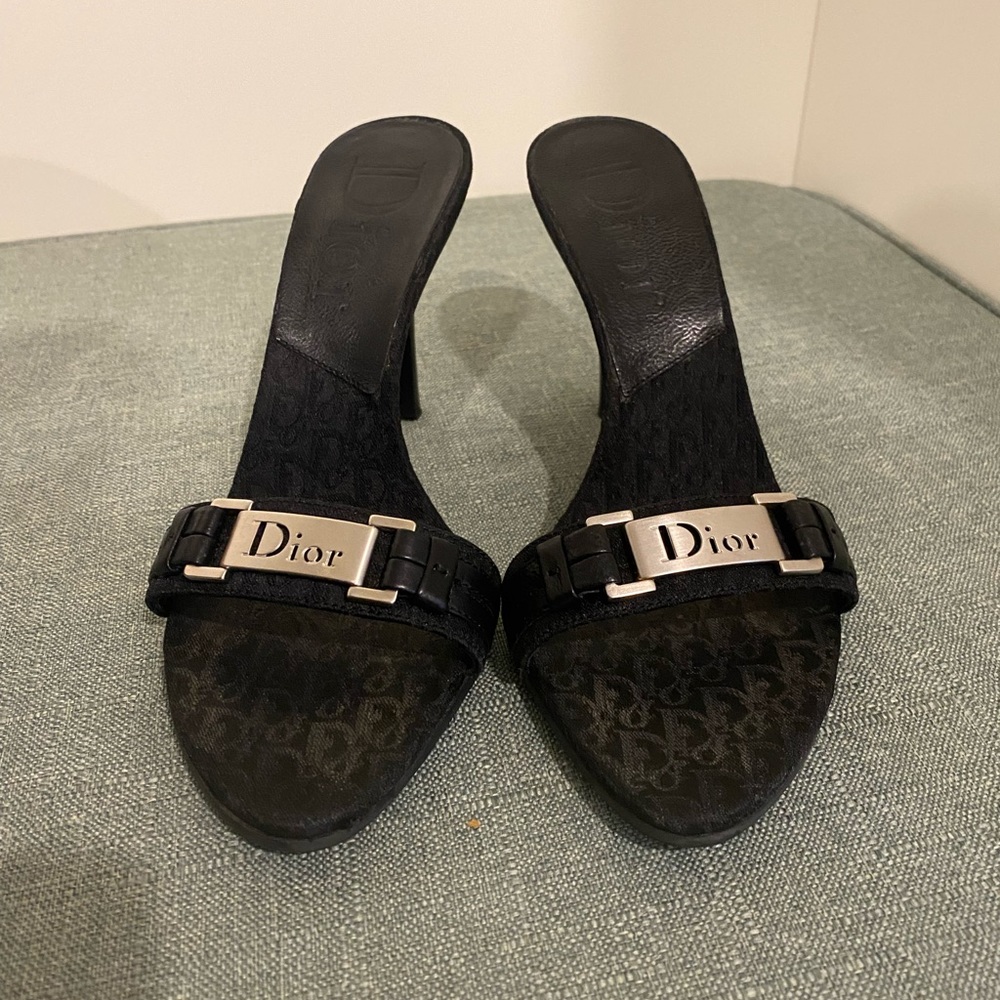 Dior Black Logo Slide Heeled Sandals with Silver Plaque - Picture 2 of 10